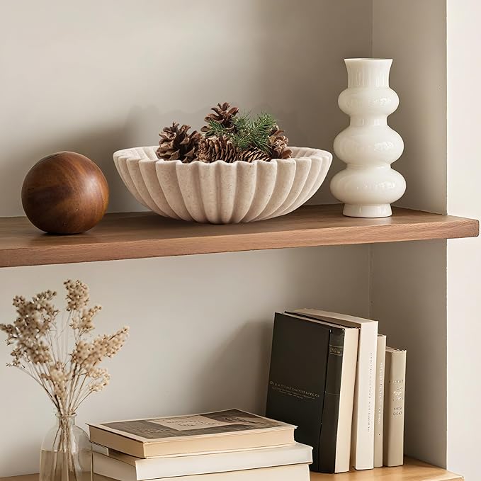 10'' Scalloped Decorative Key Bowl for Entryway Coffee Table - Catchall Trinket Large Candy Fruit Purse Holder Kitchen Countertop Console Modern Home Decor, Artificial Stone Beige