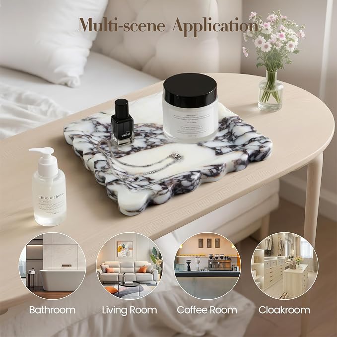 SAMAH Calacatta Viola Natural Marble Tray, Scalloped Bathroom Tray, Luxury Decorative Trays for Bathroom, Vanity, Dresser, Kitchen & Home Decor, Housewarming Gifts New Home (Square)