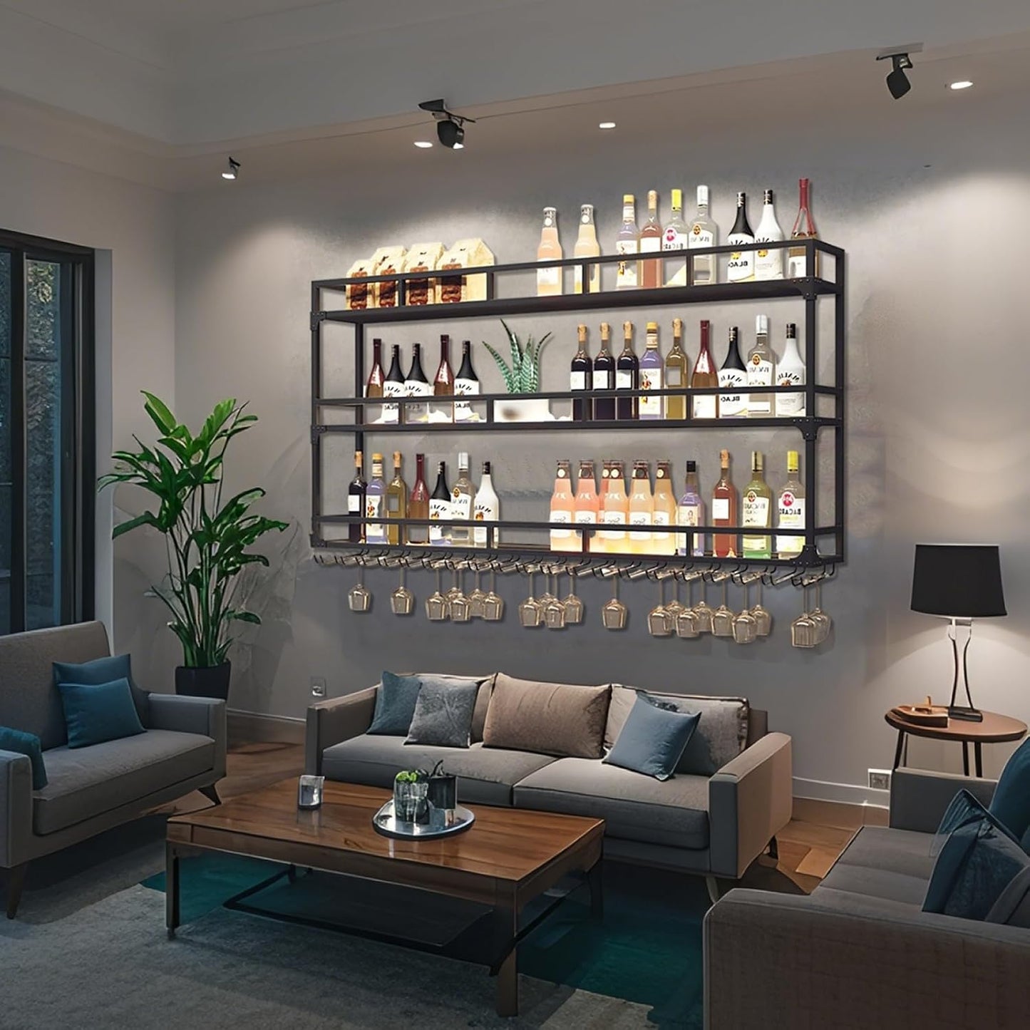 Modern Wine Rack Wall Mounted With Glass Holder,3-Tier Bar Liquor Shelf,Black,Metal Large Capacity Hanging Wine Storage Racks,Iron Floating Bar Shelves For Liquor Bottles,For Kitchen Dining Room