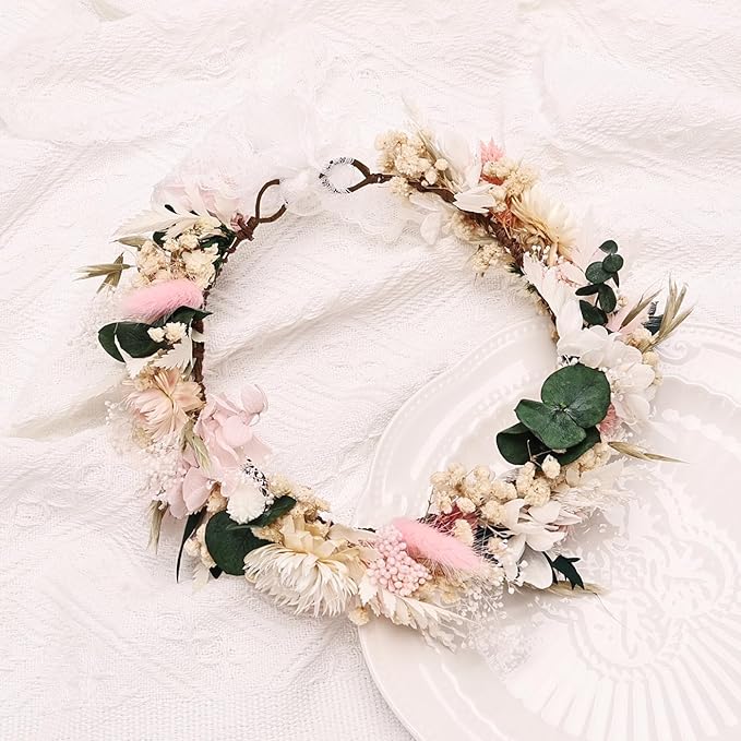 Preserved Natural Dried Flower Crown Rustic Wedding Wreath Headband Pink and White Bohemian Floral Hair Garland for Children Kids Family Photo Shoot,Birthday Party Little Bridesmaids Flower Girls
