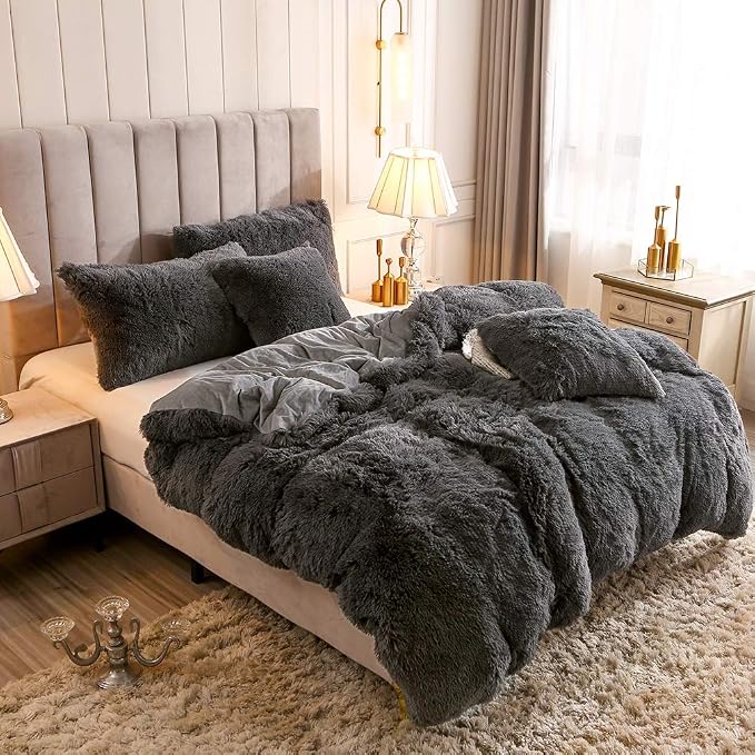 Faux Fur Velvet Fluffy Bedding Duvet Cover Set Down Comforter Quilt Cover with Pillow Sham, Ultra Soft Warm (Twin, Dark Gray)