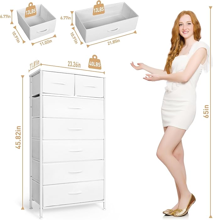 Mifuro Tall Dresser for Bedroom, Vertical Storage Organizer Tower with 7 Drawers, Chest of Drawers with Fabric Bins, Steel Frame, Wood Top for Bedroom, Closet, Entryway- White