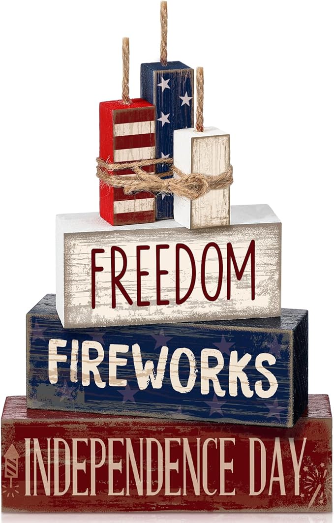CroBlissful 4 Pcs 4th of July Decorations Patriotic Memorial Day Tabletop Decorations Red White Blue Table Centerpieces Sign for Office Tiered Tray Home Shelf 250th Anniversary(Patriotic)