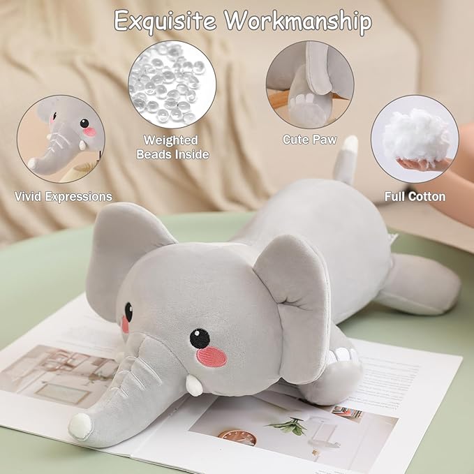 SQEQE Weighted Elephant Plush, Weighted Elephant Stuffed Animal, Cute Plushies Soft Pillow Toy Gift for Kids Adults 13.8 Inch, 1.6 Lbs