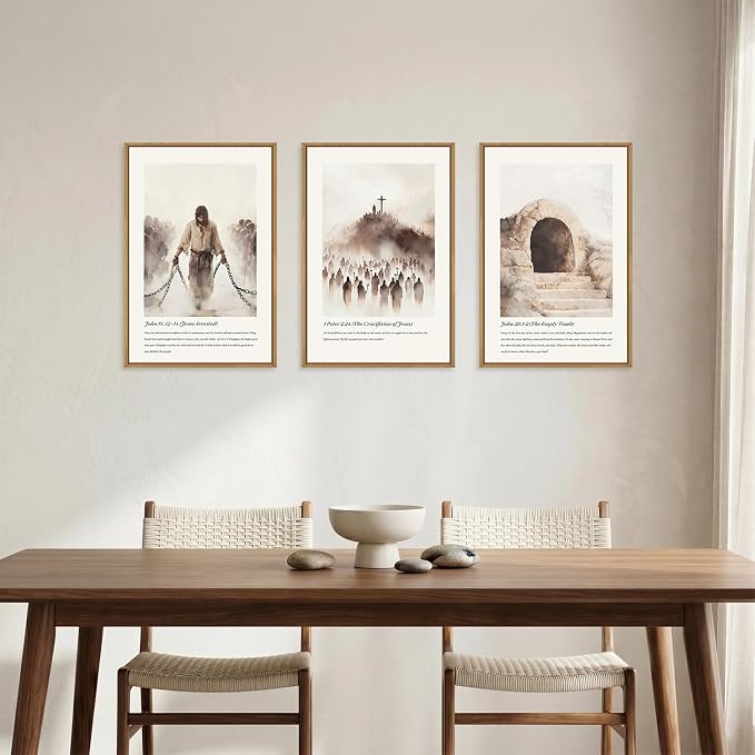 KAIRNE Jesus Christian Framed Canvas Wall Art Set,Neutral Bible Verses Wall Decor,Modern Religious Scripture Art Prints,Christ Cross Empty Tomb Artwork for Living Room,Bedroom,Church,Office-16 x24 x3