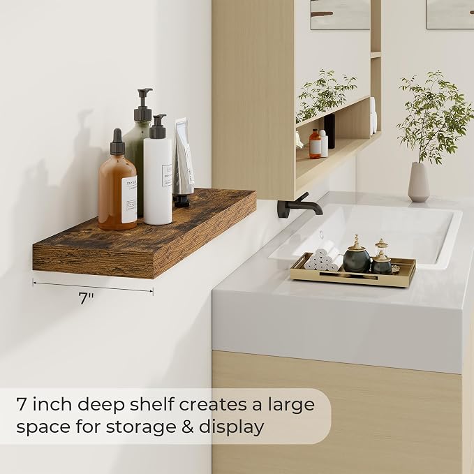 Dreamland 24Inch Floating Shelves for Wall 6.7" Deep Rustic Brown Set of 2 | Wall shelves for bathroom, bedroom, kitchen, deep wall mount wood storage display for home decor 24" x 6.7"