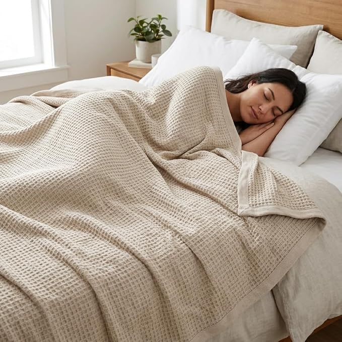 TreeWool Premium 100% Cotton Waffle Queen Blanket (90"x90", Stone) | Breathable Lightweight Moisture Wicking Soft Knit Thermal Blanket for Summer, Bed or Sofa All-season Comfort Machine Washable