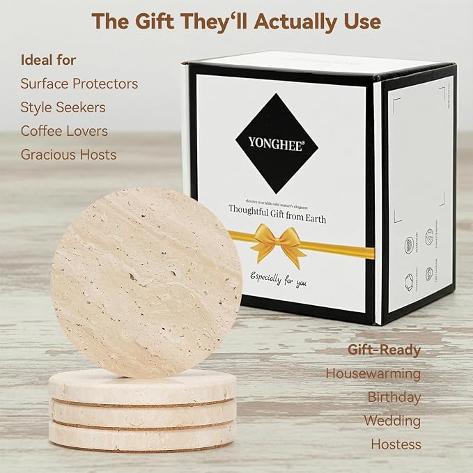 Travertine Marble Coasters Set of 4, 4" Round Rustic Farmhouse Drink Coasters for Coffee Table Decor, Thick Heavy Stone Coaster with Cork Backing, New Home Accent, Gift Boxed for Housewarming