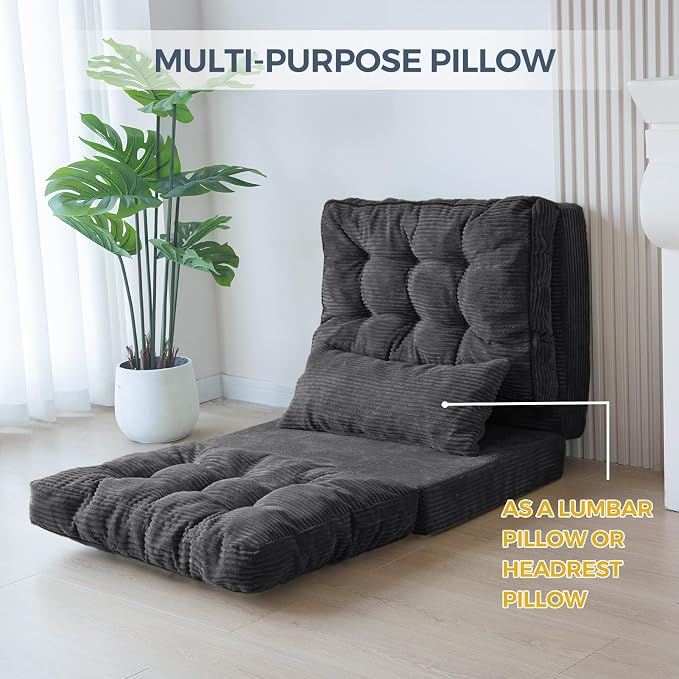 MAXYOYO Folding Sofa Bed, Tufted Bean Bag Bed with Pillows Floor Couch for Adults, Extra Thick and Long Floor Sofa, Single Couch for Bedroom Living Room, Dark Grey, 30x91 Inch