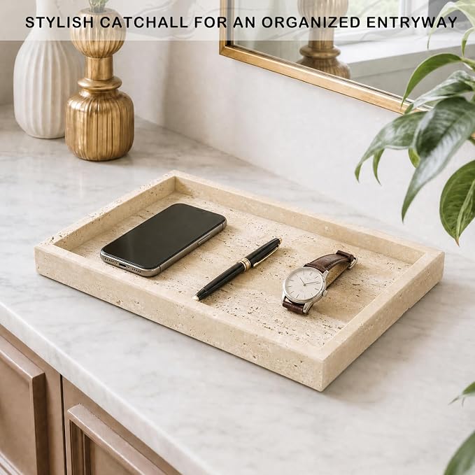 Marble Bathroom Tray for Countertop & Home Decor, Natural Decorative Marble Tray for Jewelry & Perfume Organizer, Stone Vanity Trays for Dresser, Kitchen Counter, 12" x 8", Beige Travertine