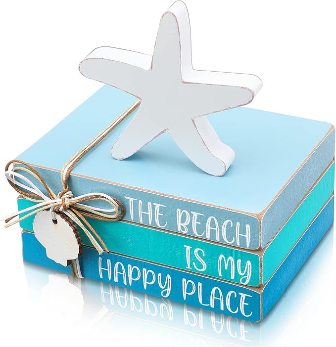 Pinkunn 4 Pcs Beach Themed Room Decor, Blue Starfish Seashell Coastal Block Wooden Block Beachy Centerpiece Decorative Signs & Plaques for Summer Home Office Desk Shelf Home