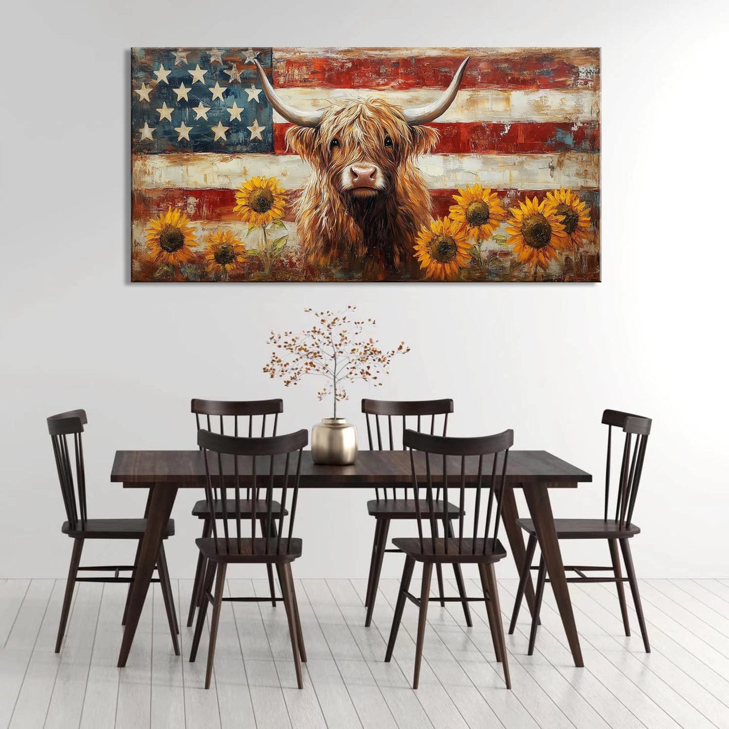 LASMOND Country Highland Cow Wall Art for Living Room Rustic Retro Vintage American Flag Sunflower Canvas Painting Prints Highland Cattle Artwork Farmhouse Bedroom Office Decor (46x23 Inches)
