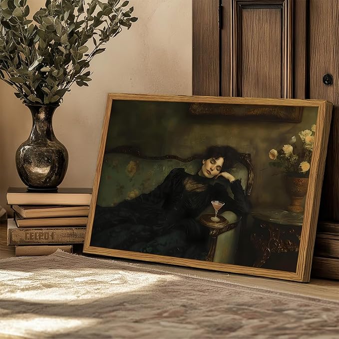 Framed Vintage Wall Art, Dark Academia Woman Martini Pictures Wall Decor, Victorian Feminine Lying on Couch Paintings Canvas Prints Moody Home Decor for Living Room Bedroom 12x16 inch