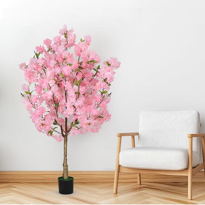 OUSHENG 2 Pack Artificial Cherry Blossom Tree, Fake Plants Indoor Decor, Faux Pink Sakura Flowers for Living Room Home House Entryway Bedroom Office Inside Decorations, 4FT