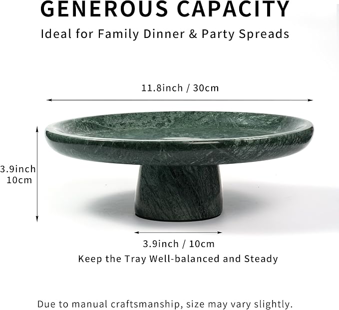 Marble Fruit Bowl for Kitchen - 11.8" Green Decorative Stone Pedestal Bowls for Home Decor, Footed Fruits Holder For Dining Table Counter Organization