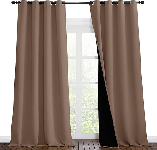 NICETOWN Complete Blackout Cold Blocking Shades for Large Window Door, 100% Blackout Window Curtain Panels with Black Lined, 55 inches Width Each Panel, 96 inches Length, Cappuccino, Double Pieces