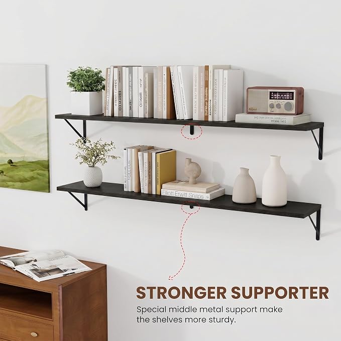 Vivelove Black Deep Floating Shelves for Wall, 48W x 8D Wood Wall Shelves Set of 3, Wide Floating Bookshelf for Living Room, Kitchen, Office, Bedroom and Decor Storage, with Metal Bracket - Black