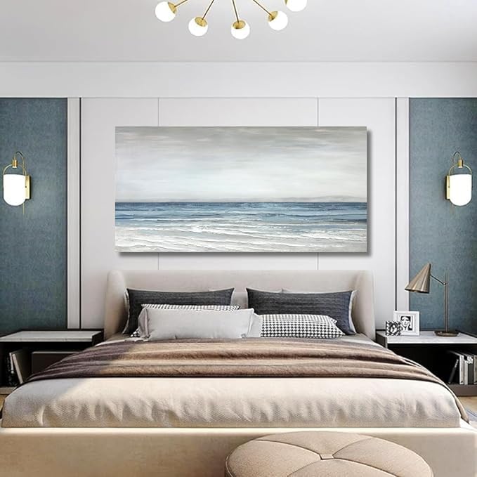 TRAIN2 ART Abstract Wall Art Painting Wall Decor Large Artwork Textured Blue and White Sea Background Canvas Wall Art for Living Room Bedroom Home Decor 24"x48"
