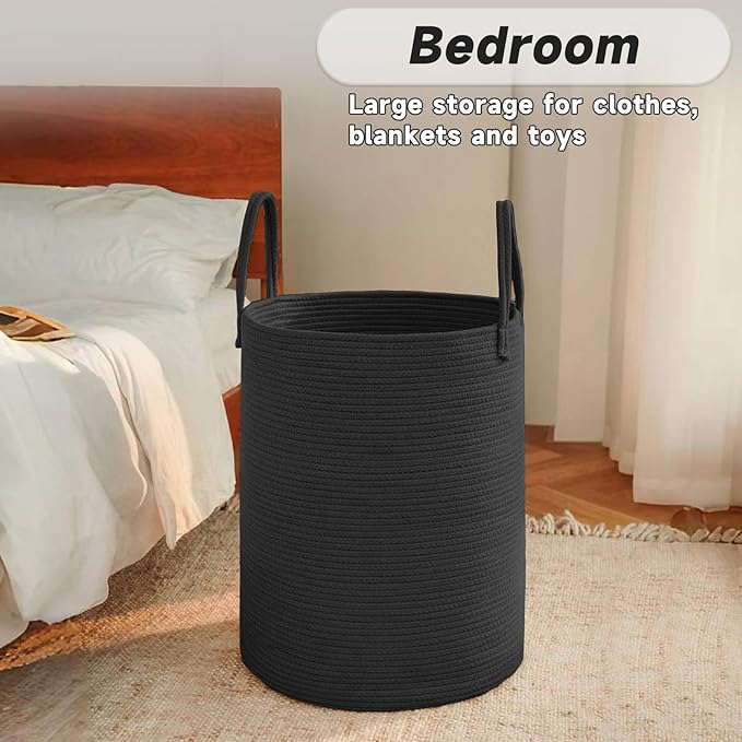 JMvicyroam Large Woven Laundry Basket Hamper,60L Cotton Rope Storage Bin for Blankets,Toys and Clothes,Decorative Tall Nursery Hamper for Living Room,Baby Nursery,Bathroom and Bedroom,Black