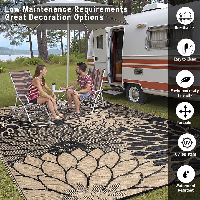 HUGEAR 5'x8' Outdoor Rug Waterproof Plastic Straw Rugs Brown Reversible Floral Mat Floor Carpet for Camping RV Deck Entryance Porch Picnic Balcony Beach Backyard