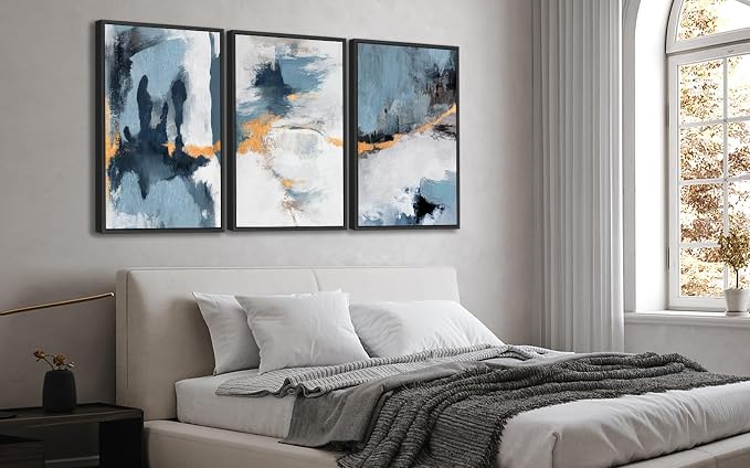 Large Framed Abstract Wall Art - Natural Framed Canvas Pictures for Living Room Modern Canvas Prints Grey Blue for Bedroom, Black Float Frame Art for Home Office Kitchen Decor 16" X 24" X 3pcs