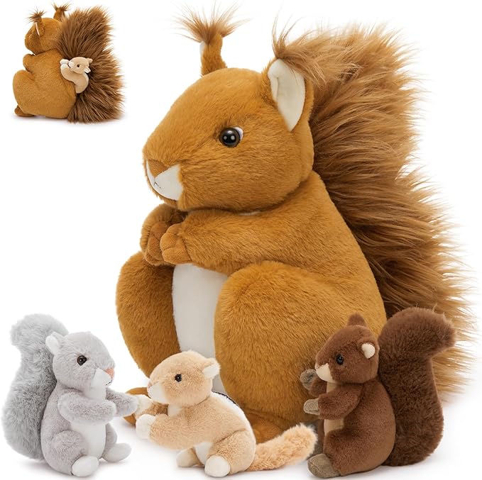 MaoGoLan 4Pcs Squirrels Plush Toys with 3 Baby Squirrels, Realistic Stuffed Animals for Small Hand, Adorable Squirrel Plushie Gift for Forest Animal Lover,Girls,Boys,Kids,Baby Shower,Brown
