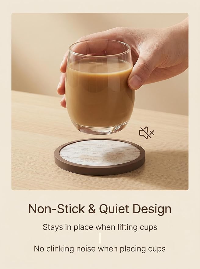 Absorbent Coasters for Drinks with Holder - 6packs, Silicone Coasters with Soft Felt Insert, Dual-Sided 3 Wood-Themed Patterns, Reusable Table Protection Mats for Coffee/Tea/Wine/Cans