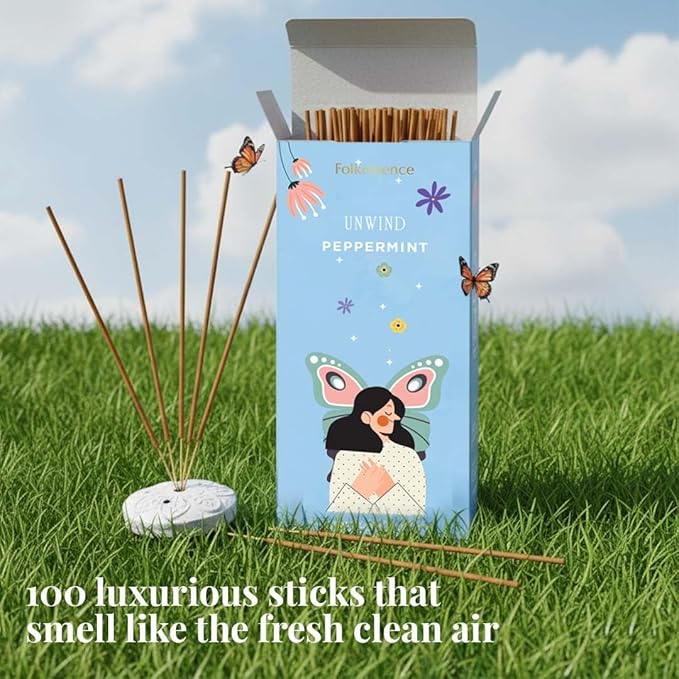 Folkulture Incense Sticks with Holder (100 Sticks)| Peppermint Incents Stick for Focus,Aromatherapy, Relaxation Gifts for Women | No Charcoal,Organic,Non Toxic, 45 Mins, Slow Burning Insence-Sticks