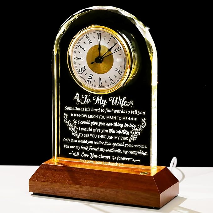 Arikyrist Glass Clock Gifts for Wife from Husband with Wooden Light Base, Personalized Gift for Wife Who Has Everything on Birthday Valentine's Day, Presents for Her on Christmas Home Desk Clock