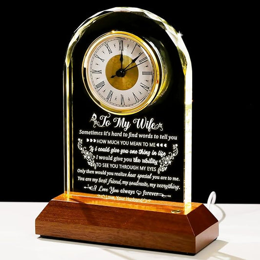 Arikyrist Glass Clock Gifts for Wife from Husband with Wooden Light Base, Personalized Gift for Wife Who Has Everything on Birthday Valentine's Day, Presents for Her on Christmas Home Desk Clock