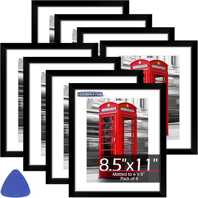 8.5 By 11 Picture Frame, Black Wall Hanging Photo Frames with Shatter Resistant Plexiglass, Display Picture 6x8 with Mat or 8.5 x 11 Without, Diploma Frame for Home Office Wall Decor, 8 Pack
