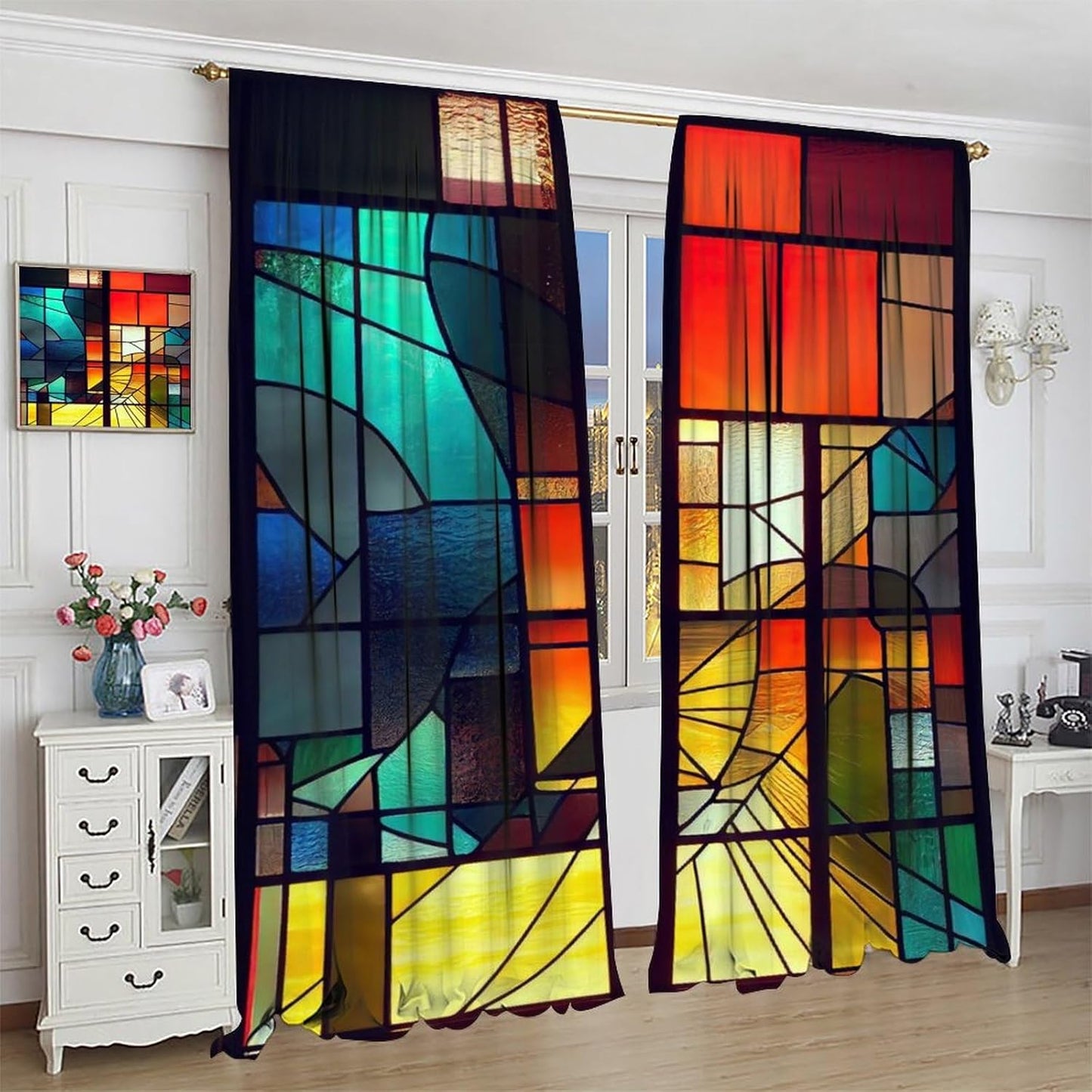 Stained Glass Curtains,Retro Abstract Colorful Geometry Textures Art Home Decor Drapes for Bedroom Living Room Kitchen Window Treatment 2 Panels Set Total Size 42" W X 45" L Inch