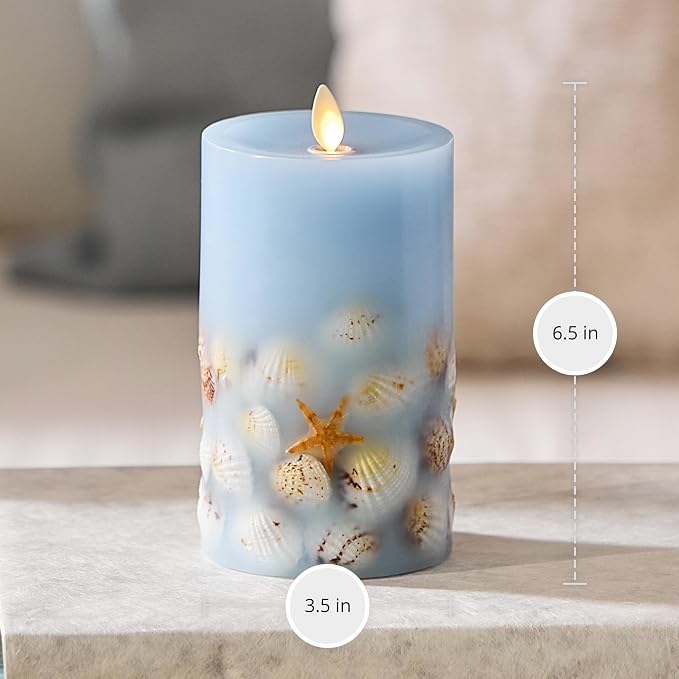 Luminara Flameless LED Candle Soft Chambray Embedded Seashell & Starfish Moving Flame Pillar Unscented Real Wax with Recessed Edge (6.5-inch)