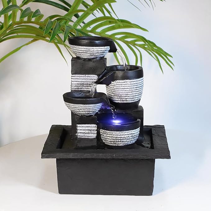 Ferrisland Tabletop Waterfall Fountain - 3-Step Modern Water Fountain with LED Light for Office Desktop Decor