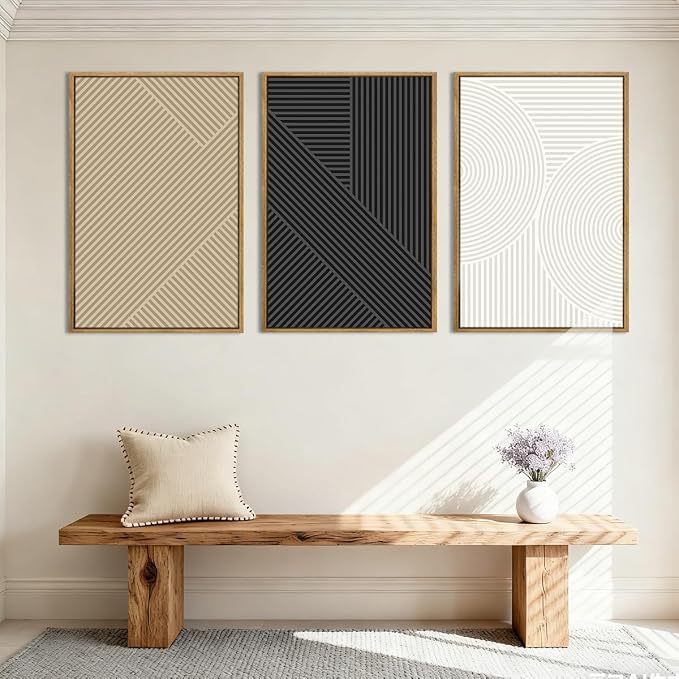Anyzal Extra Large Abstract Black Neutral Framed Wall Art 24x36 Inch Boho Modern Minimalist Canvas Wall Decor White Cream Farmhouse Textured Artwork for Living Room Bedroom Dining Room Set of 3
