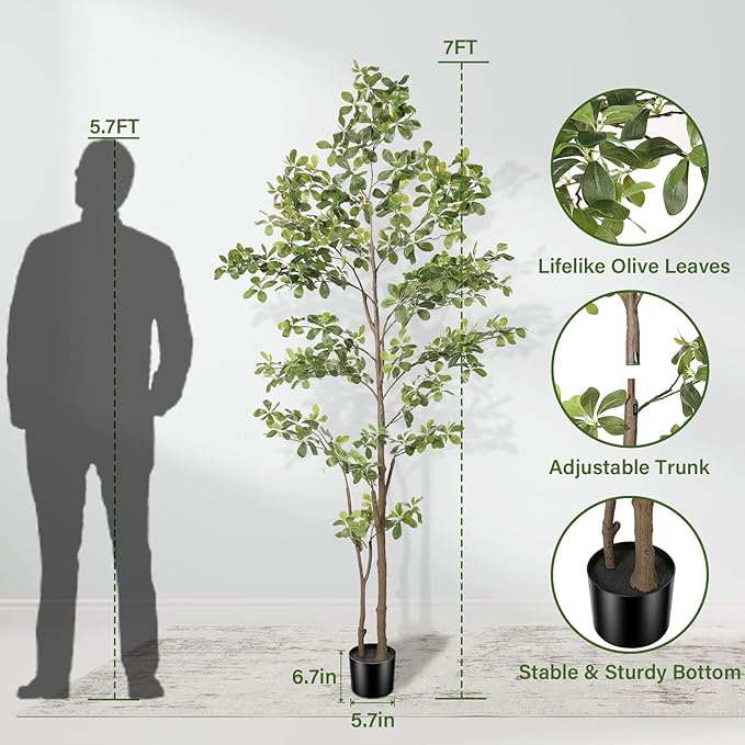 Faux Black Olive Tree 7ft, Artificial Shady Lady Tree with Natural Trunk and Realistic Leaves, Tall Floor Plants for Living Room Decor Home Office Indoor Pack of 1
