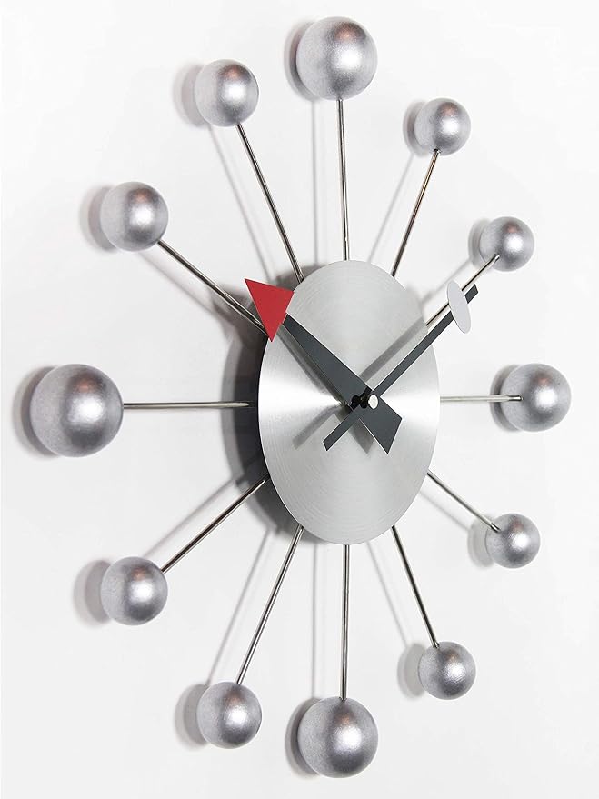 Infinity Instruments Orb Spoke Midcentury Modern 15 inch Retro Starburst Ball Wall Clock Quiet Quartz Movement Mid Century Modern Decorative (Silver)