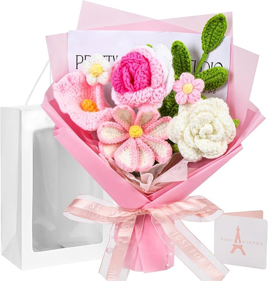 Crochet Flower Bouquet, Pink Crochet Flowers Gift for Her, Handmade Roses Bouquet, Mother's Day Anniversary Wedding Home Decor, Birthday Gift for Women Wife Lover Friends