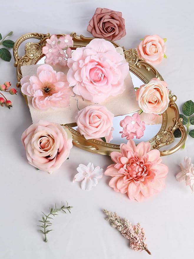 rongflower Artificial Flowers Combo Box Set Silk Flowers Fake Rose for DIY Floral Arrangements Wedding Bouquets Centerpieces Baby Shower Party Home Decorations (Pink)