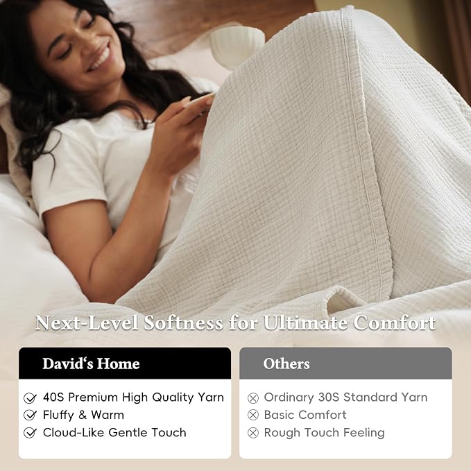 David's Home 100% Cotton Muslin Throw Blanket for College Dorm, 4-Layer Soft Breathable Lightweight Comfy Cozy Throw Guaze for Hot Sleepers, 3D Bubble Room Decor for Bed, Giftable, Brich, 50"x70"