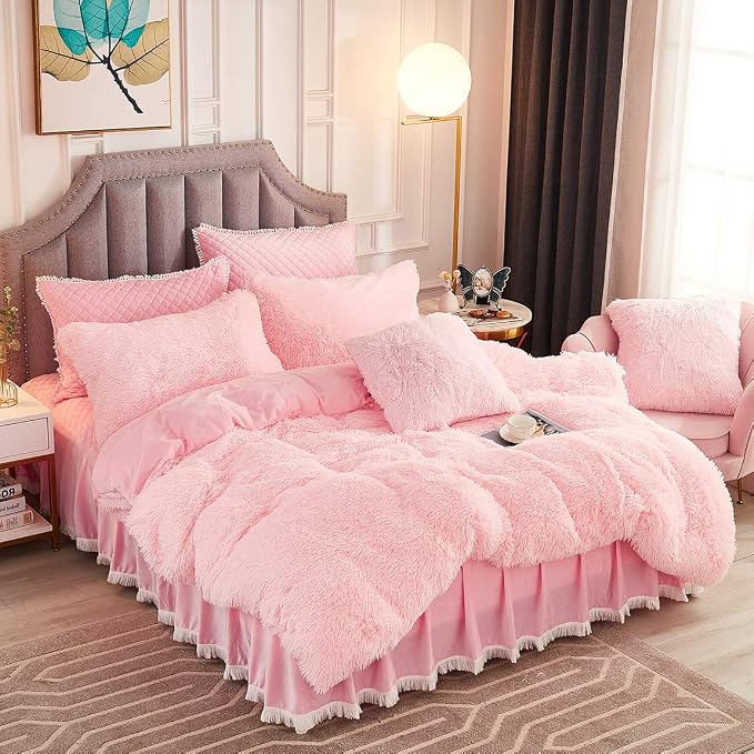 JAUXIO Luxury Long Faux Fur 3 PCS Bedding Set Shaggy Comforter Duvet Cover with Pillow Shams Ultra Soft Crystal Velvet Reverse (King, Pink)