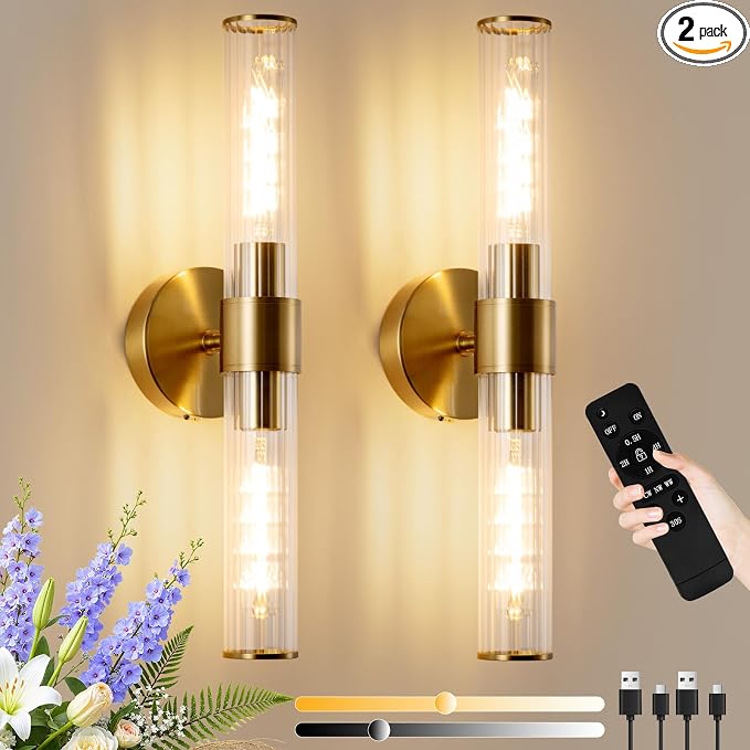 Rechargeable Wall Sconce Set of 2, Battery Operated Wall Sconce, Wireless Wall Lamp with Vertically Striped Glass Tube, Non-Hardwired Wall Sconces, Modern Vanity Light Fixtures for Bedroom, Hallway