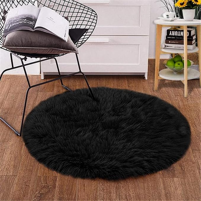 Goolela Black Round Rug 3ft Fluffy Fuzzy Sheepskin Rug Black Circle Faux Fur Rug for Bedroom Living Room Washable Décor