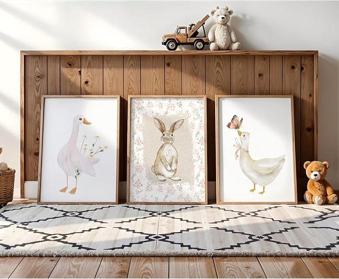 Vintage Nursery Wall Art Goose Canvas Poster Coquette Wall Decor Baby Girl Painting Kids Poster Bunny Rabbit Prints Cute Animal Pictures Duck Artwork for Bedroom Living Room 12x16x3 Inch Unframed