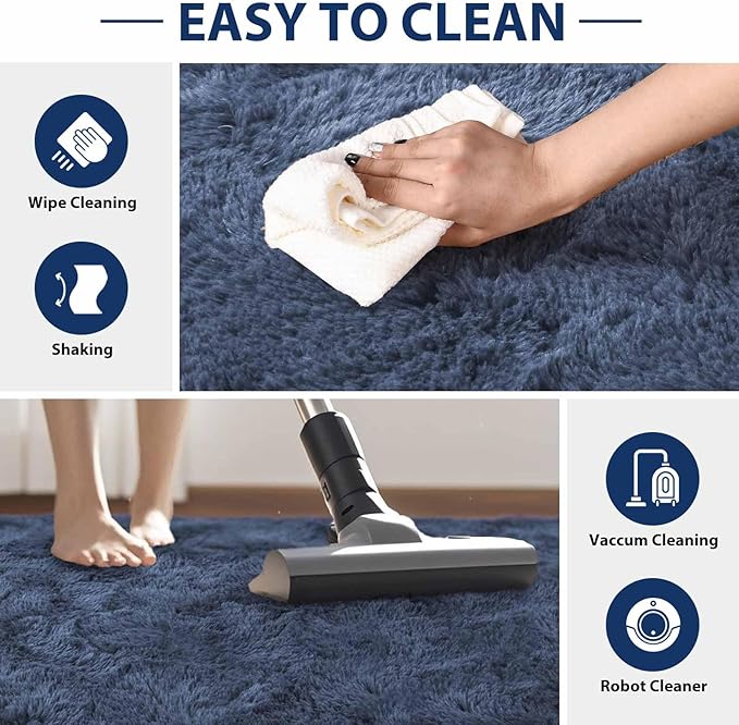 FinRèc Dark Blue Rug for Bedroom Living Room, 5x8 Feet High Pile Plush Area Rug, Non-Slip Soft Fluffy Carpet for Nursery Kids Room Dorm Room Home Decor, Indoor Fuzzy Floor Rugs