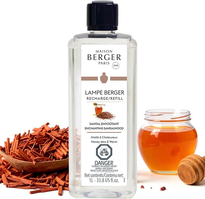 Maison Berger Enchanting Sandalwood Lampe Berger Refill, 1 Liter (33.8 fl oz), 2-in-1 Catalytic System, Neutralizes Odors and Diffuses Fragrance, Tangerine, Lily of the Valley, Made in France