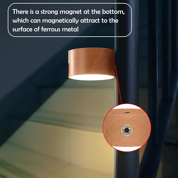 LANDGOO Wood Wall Sconce, Sapele Wood Magnetic 360° Rotatable Cordless Bedside Lamp Set, Rechargeable & Dimmable LED Lights with Touch Control, Wireless Wall Mount for Bedroom