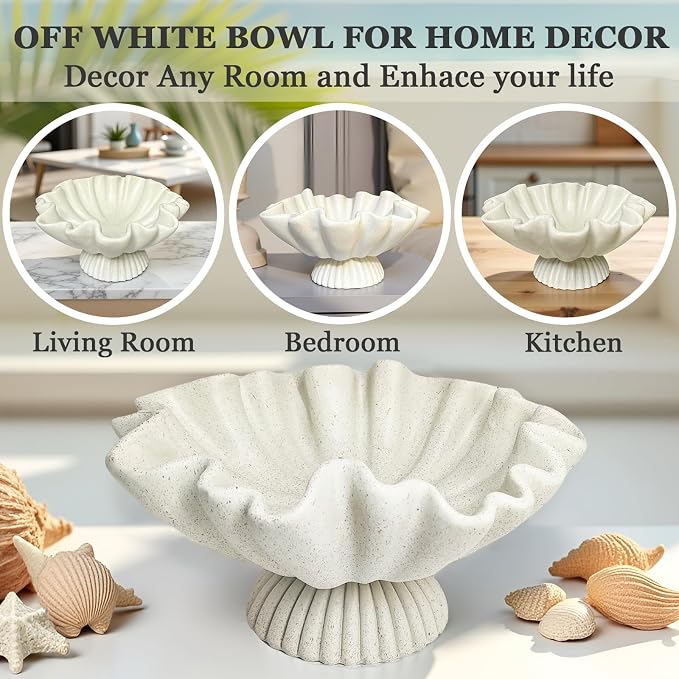 Decorative Bowl for Home Decor - Large Handmade Centerpiece Pedestal Bowl - 10" Key and Purse Wavy Shell Bowls - Scalloped Ruffle Coastal Coffee Table Bowls