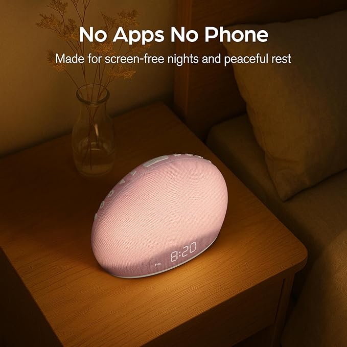 HOUSBAY Sunrise Alarm Clock, White Noise Sound Machine for Bedroom | Natural Wake-Up Light with Gentle Alarm Sounds, 20 Soothing Sleep Aids, Dimmable Display, Screen-Free Design - Pink