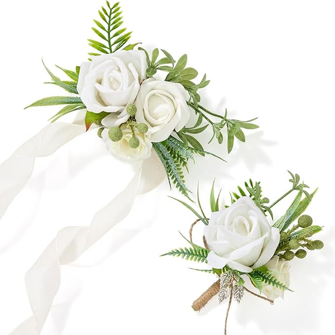 Alecono White Corsage and Boutonniere Set, Rose Bride Wrist Corsage and Groom Boutonniere for Wedding Prom Flower Accessories Suit Decorations